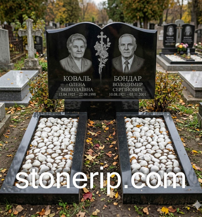 Горизонтальный памятник на двоих с крестом и розой ДВН-03