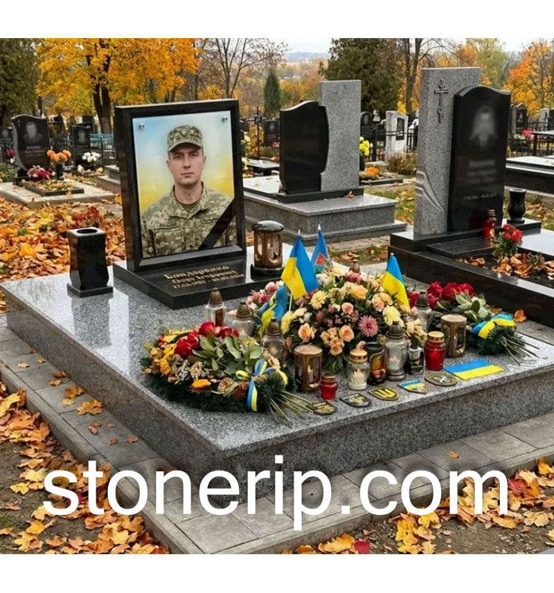 Двоколірний пам’ятник з граніту із закритою плитою та фотосклом ФОТО012
