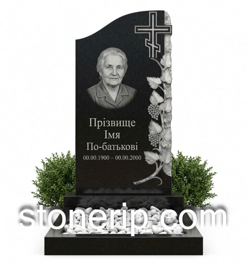 Гранитный одинарный памятник с виноградной лозой ОДН-01
