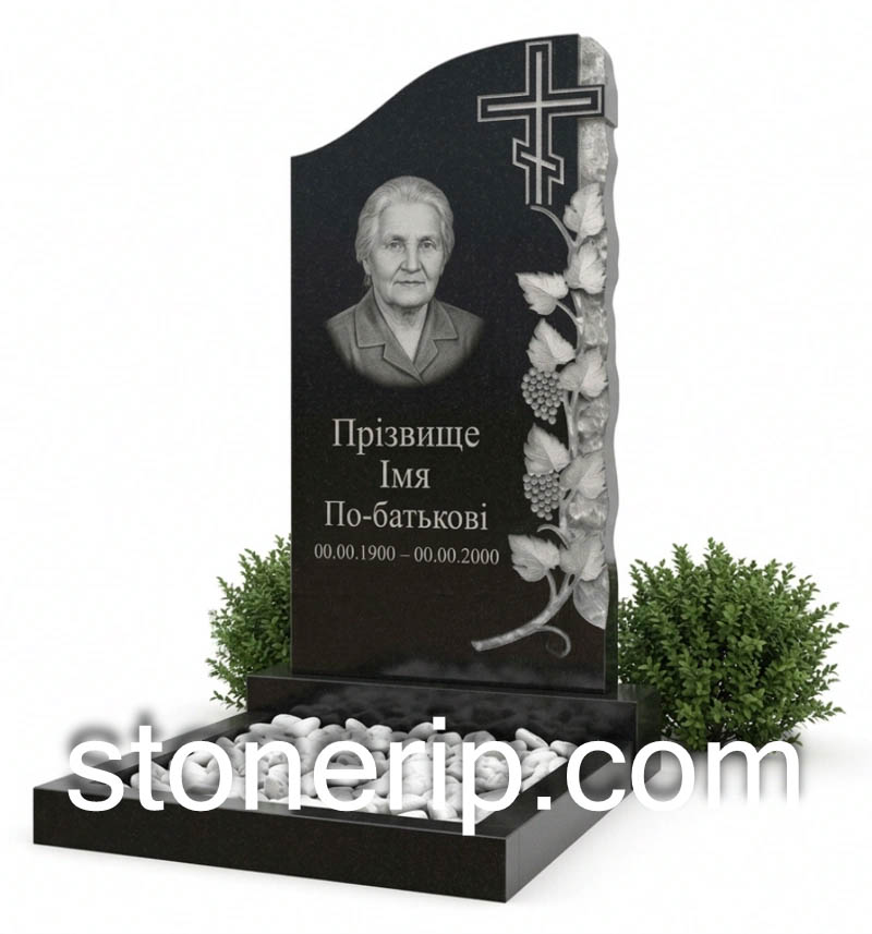 Гранитный одинарный памятник с виноградной лозой ОДН-01