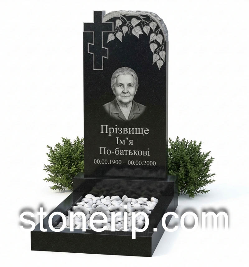 Гранитный одинарный памятник с крестом и березой ОДН-06