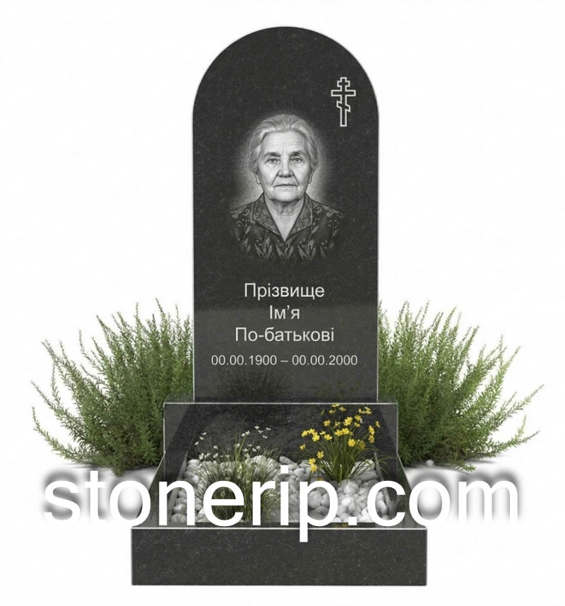 Гранитный одинарный памятник с полукругом и крестом ОДН-09
