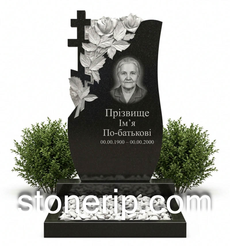 Гранітний одинарний пам’ятник з хрестом та трояндами ОДН-022