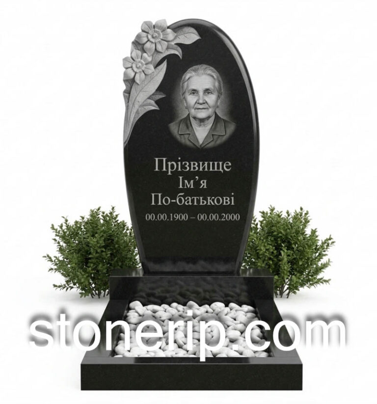 Одинарний гранітний пам’ятник з різьбленими квітами ОДН-081
