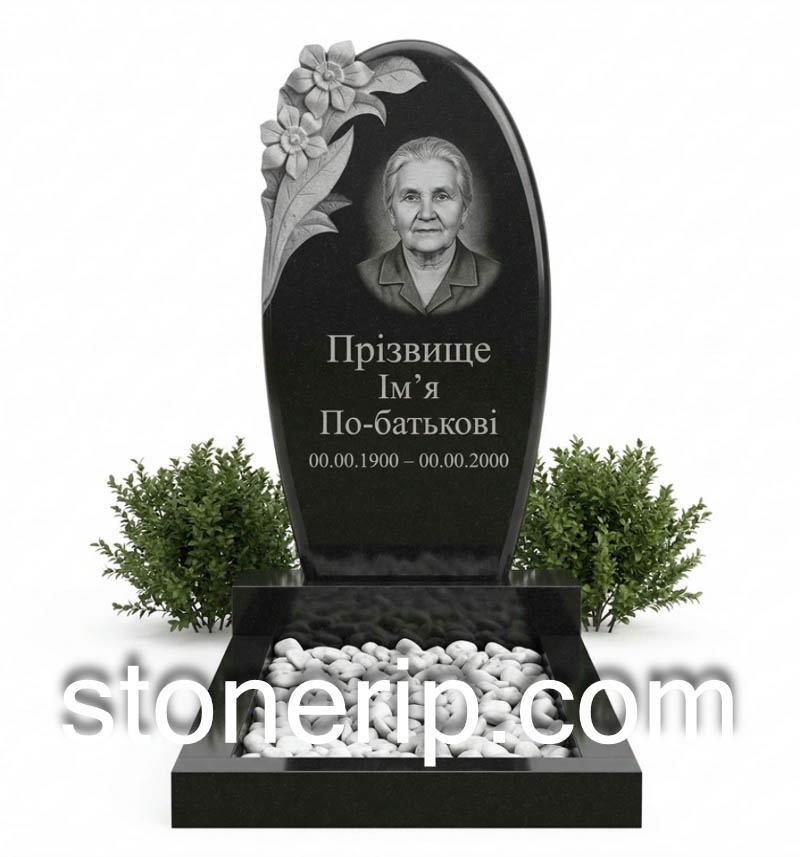 Одинарный гранитный памятник с резными цветами ОДН-081