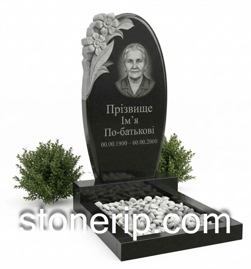 Одинарный гранитный памятник с резными цветами ОДН-081